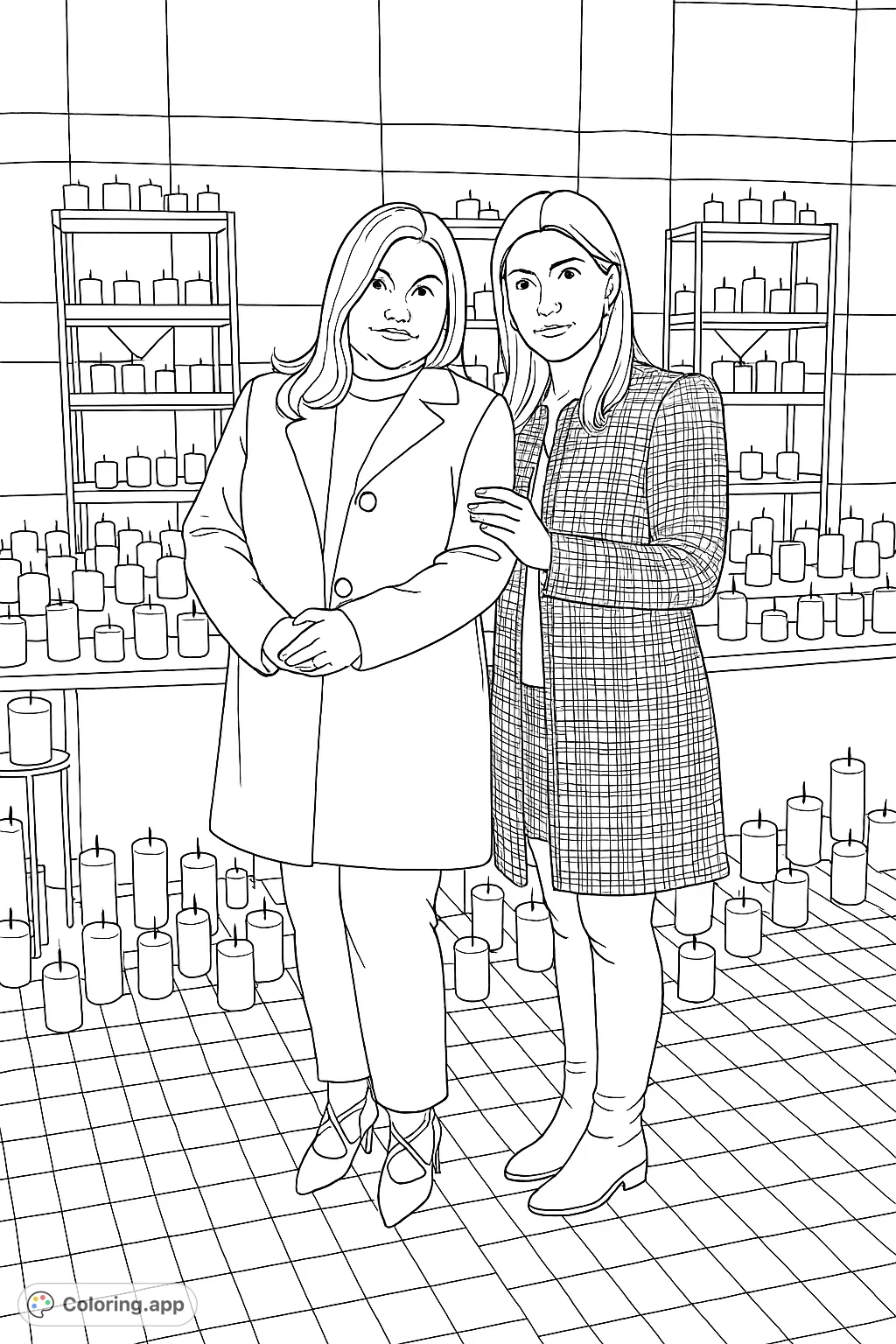 Color a serene scene featuring two women surrounded by hundreds of glowing candles, creating a warm and inviting atmosphere. A detailed and intricate design.