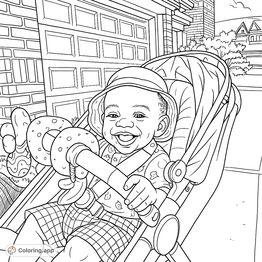 A joyful baby in a stroller, wearing a sun hat and surrounded by playful toys, set against a suburban backdrop. A delightful scene for coloring.