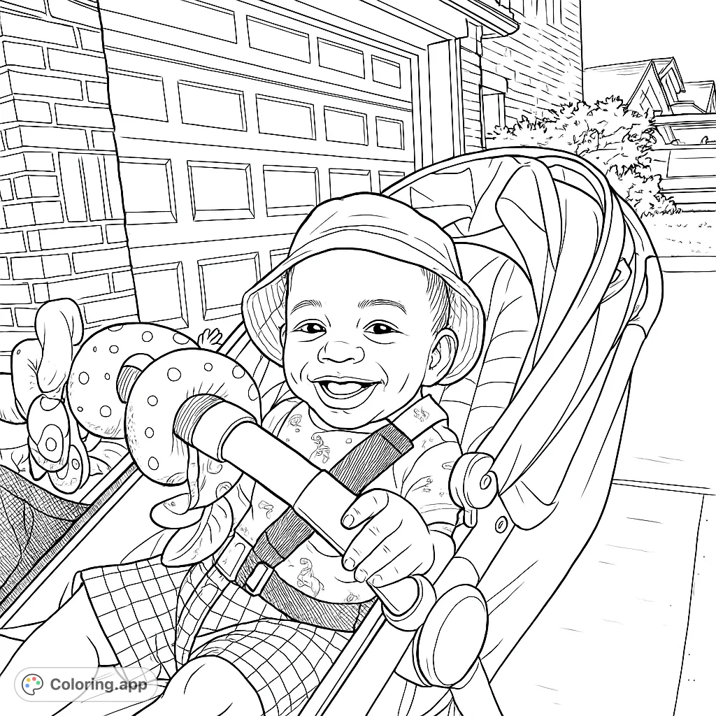 A joyful baby in a stroller, wearing a hat and patterned clothes, surrounded by fun toys and a neighborhood scene. Perfect for a happy coloring experience.