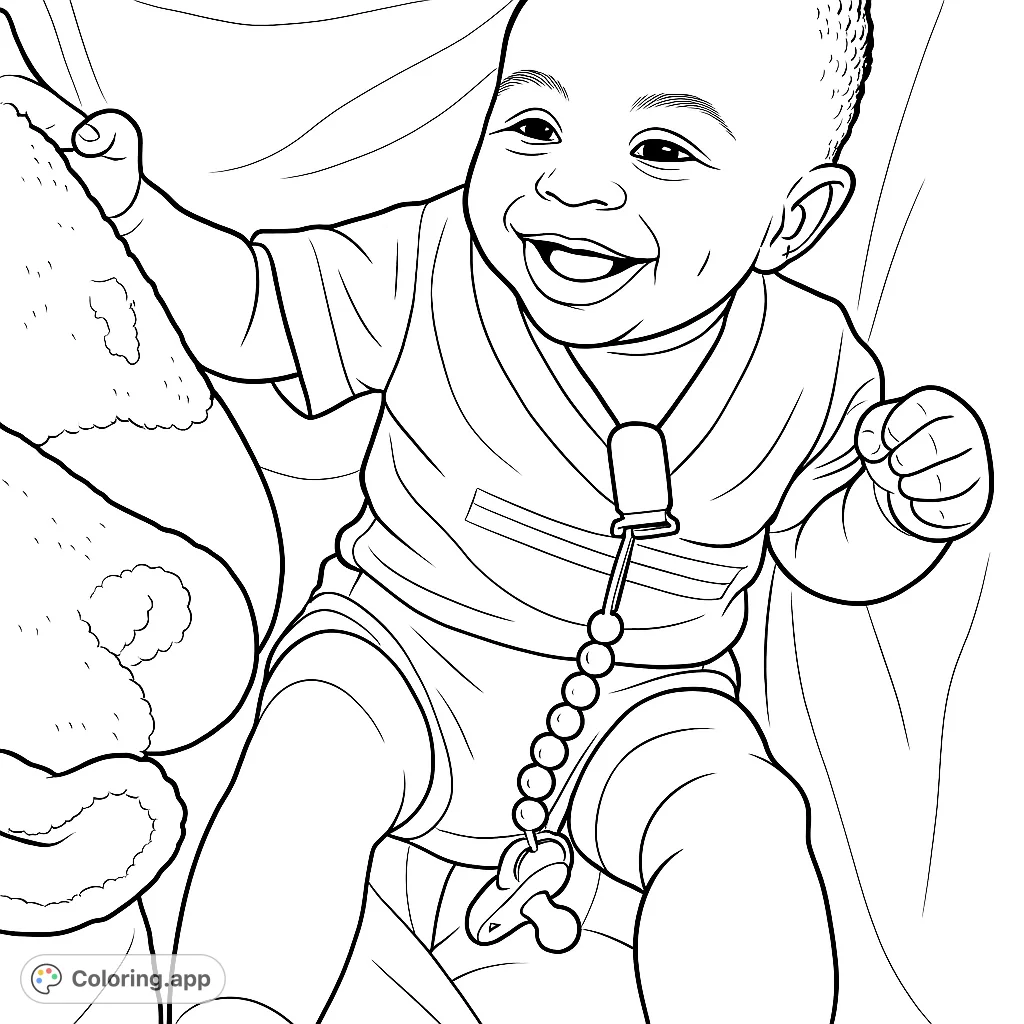 A delightful coloring page featuring a happy baby with a wide smile, holding a soft blanket and wearing a pacifier clip. Perfect for all ages.