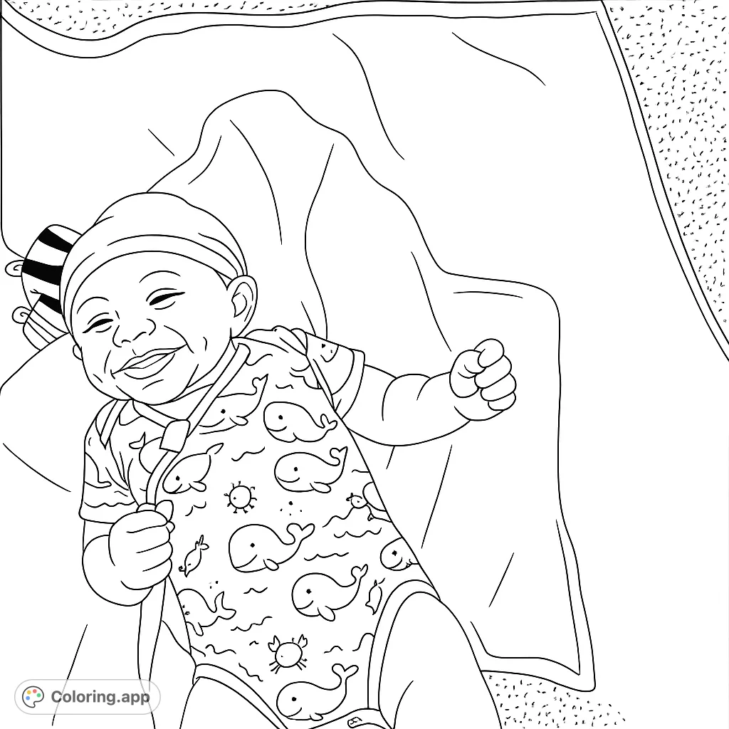 A joyful baby smiles while resting on soft blankets, wearing a onesie with charming whale and crab patterns. A delightful scene for coloring.