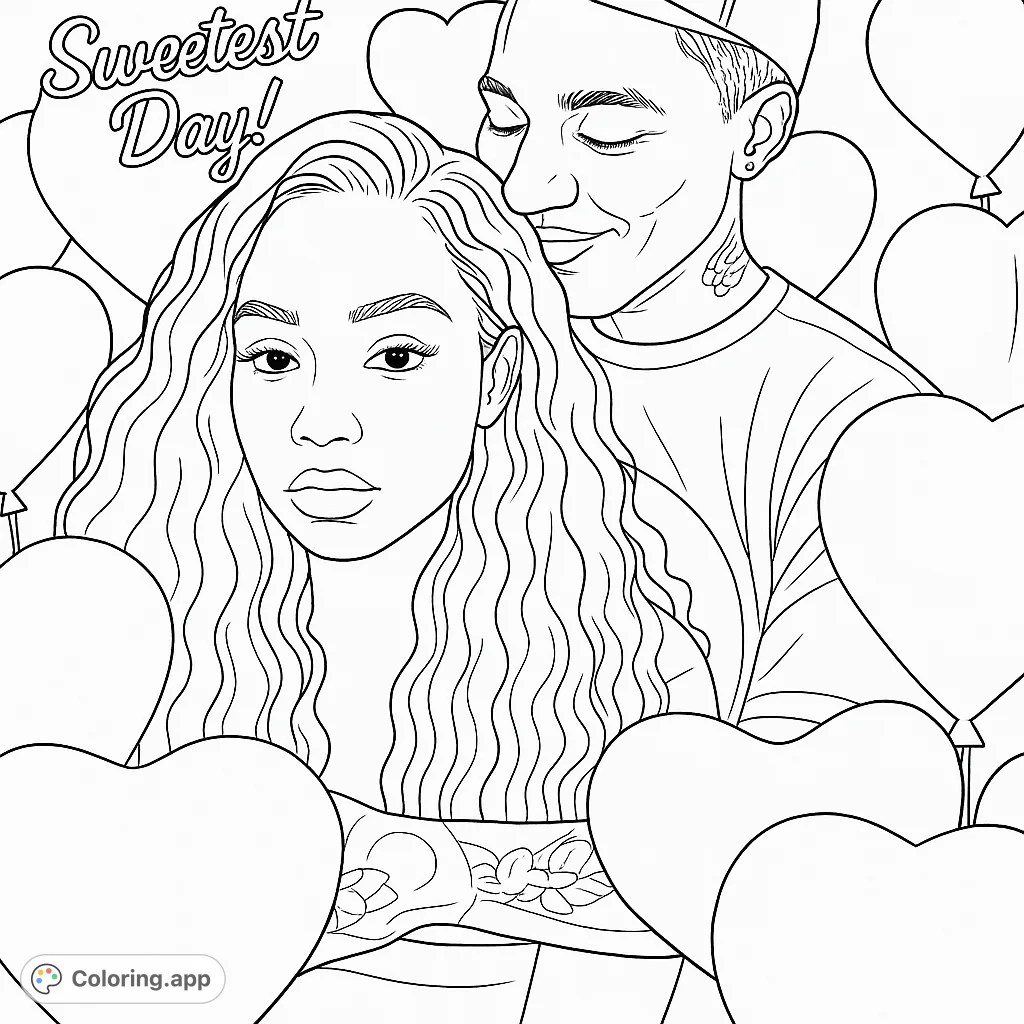 A loving couple embraced, surrounded by heart shapes, perfect for celebrating affection and relationships. A romantic coloring page.