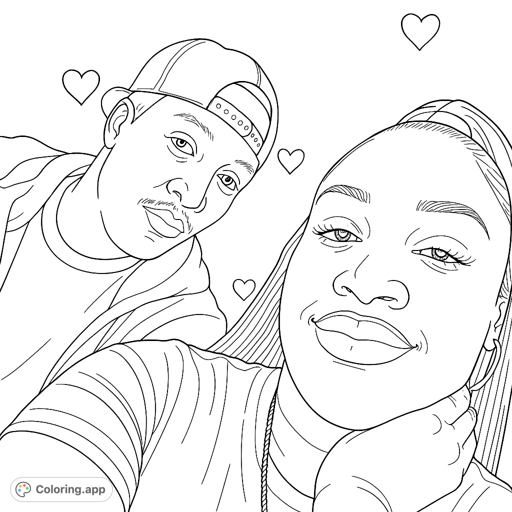 A heartwarming couple portrait featuring a woman and a man, surrounded by charming heart shapes. Perfect for celebrating love and connection.