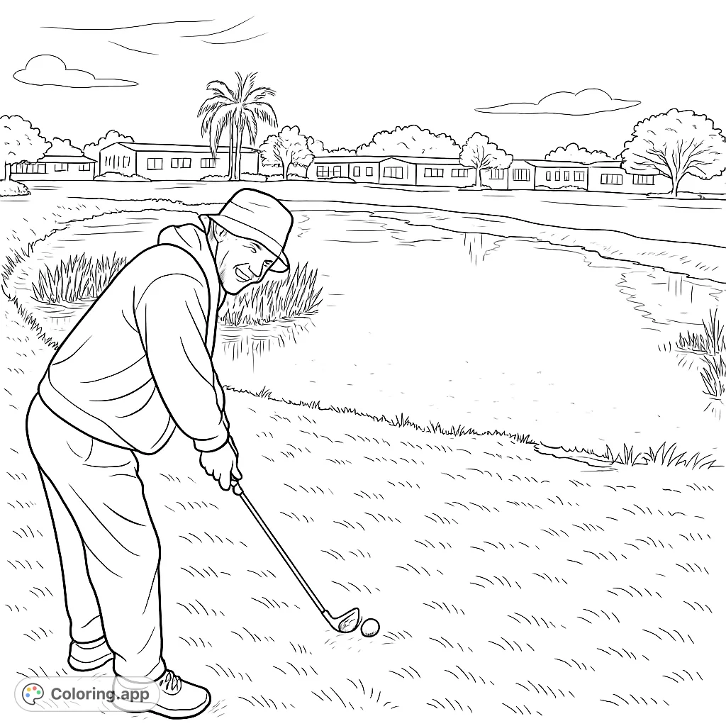 An individual enjoys a round of golf by a serene pond, surrounded by homes and trees. A peaceful scene for all ages to color.