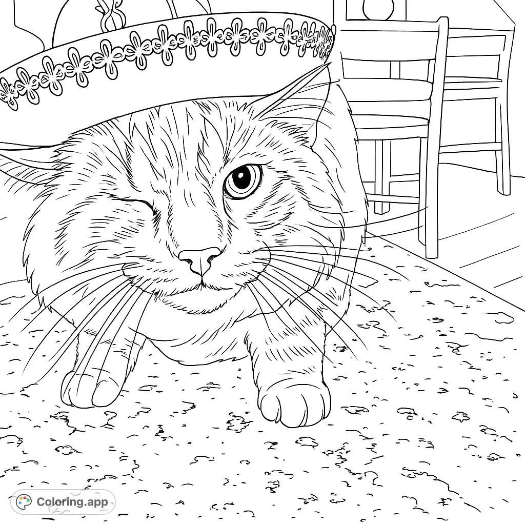 A charming cat winks while wearing a festive sombrero, resting on a speckled surface. A fun and unique animal coloring page for all ages.