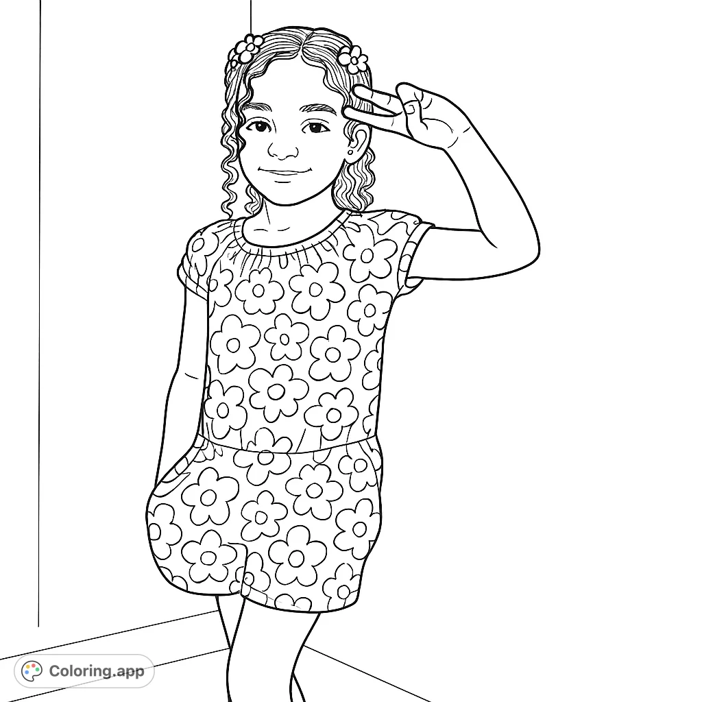 A cheerful girl making a peace sign, wearing a delightful floral romper. Perfect for young artists to express their creativity!