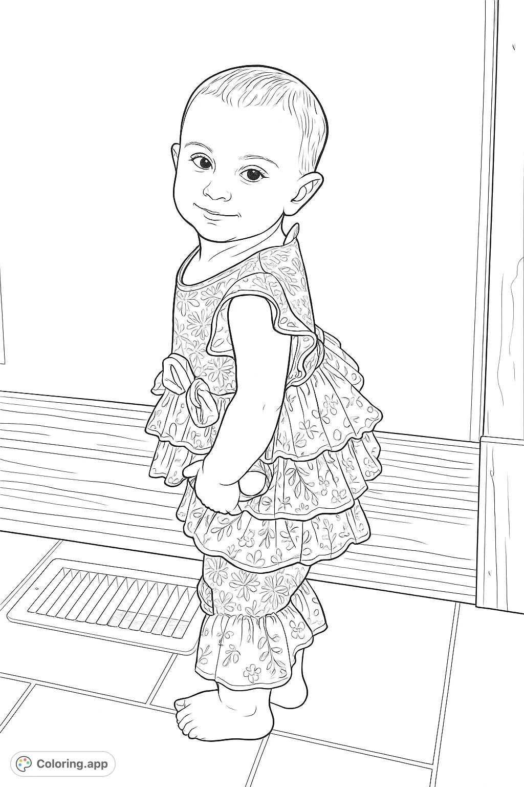 An adorable child in a charming ruffled outfit with intricate patterns, perfect for creative expression and delightful coloring fun.