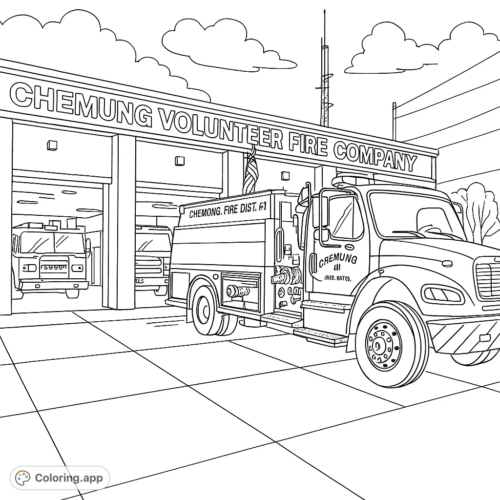 Explore a bustling fire station scene with multiple detailed fire trucks, ready for action. A perfect tribute to community heroes and emergency vehicles.