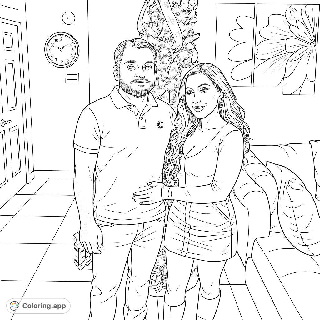 Capture the holiday spirit with this festive couple coloring page. Features a man and woman by a decorated tree, perfect for celebrating love and joy.