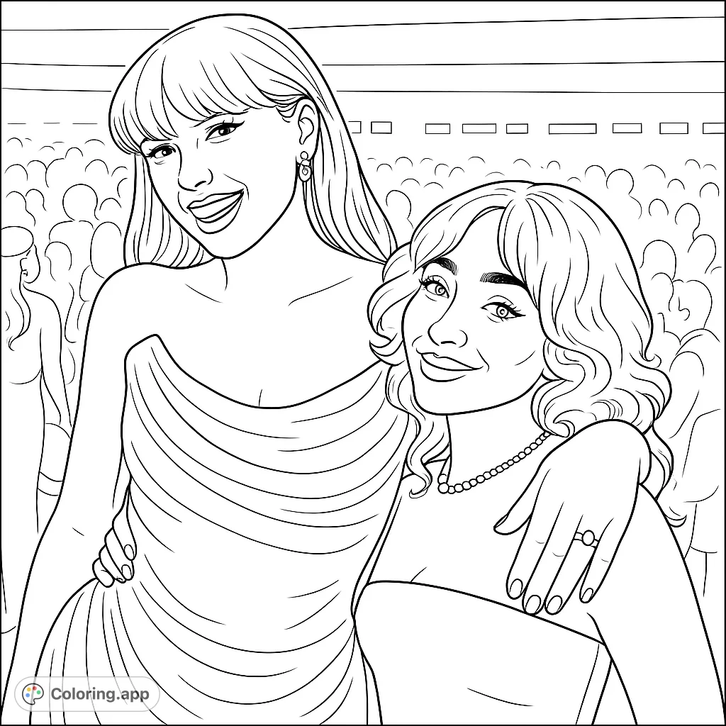 A glamorous pop star duo poses together, featuring intricate gowns and sparkling accessories. Perfect for fans of music and fashion.