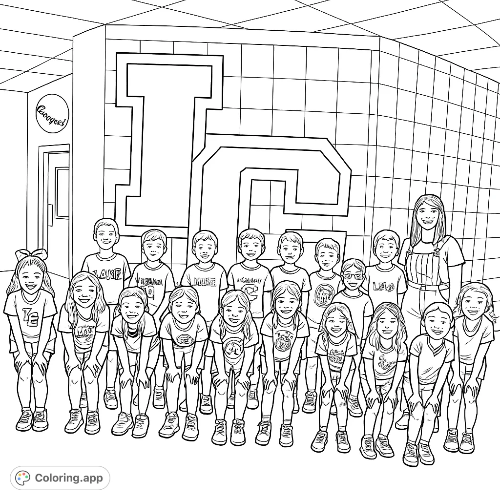 A cheerful group of students and an adult pose in a school hallway with a large 'LC' logo. Perfect for school spirit and community coloring fun!