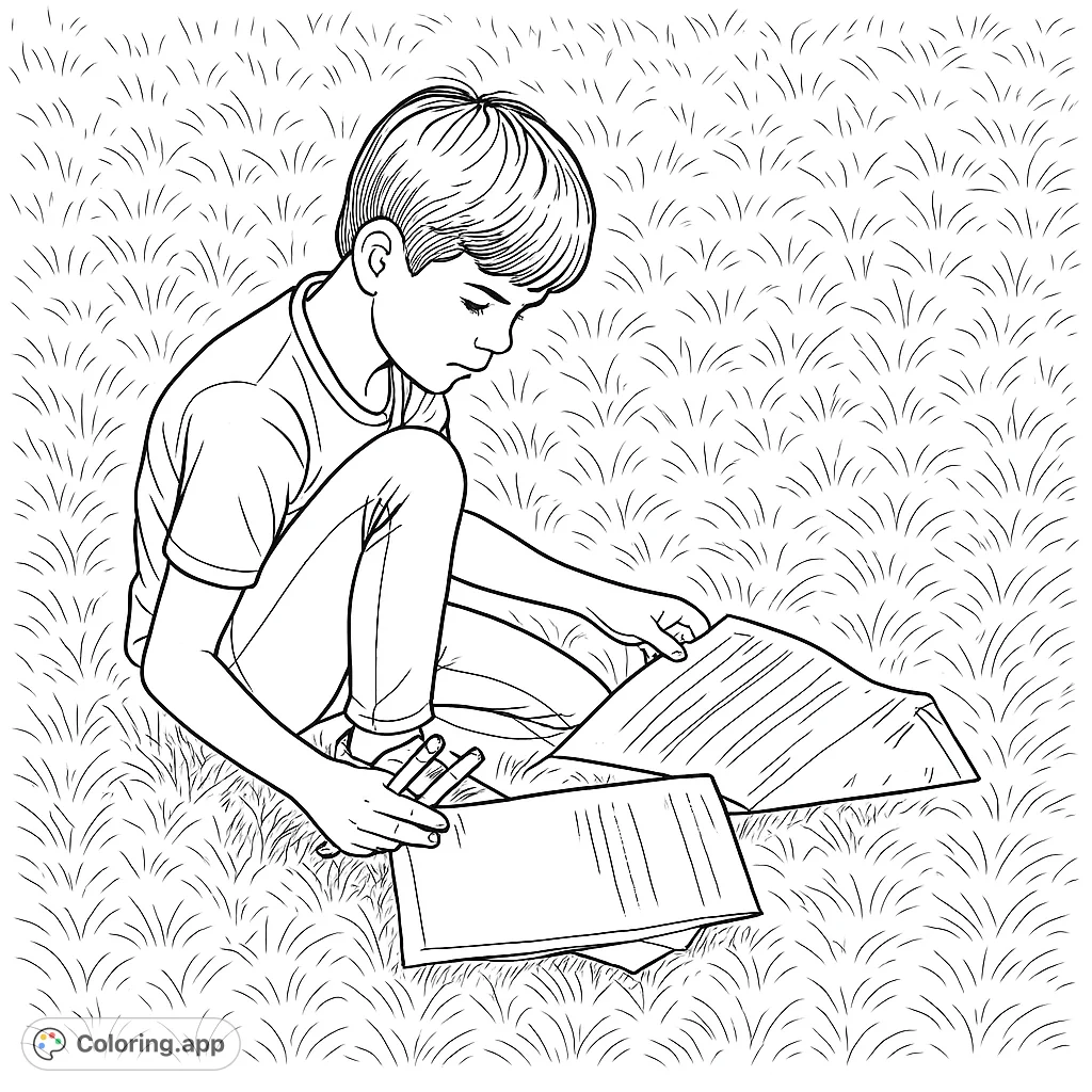A focused boy sits on a grassy field, reading and writing on papers. Perfect for encouraging learning and outdoor themes.