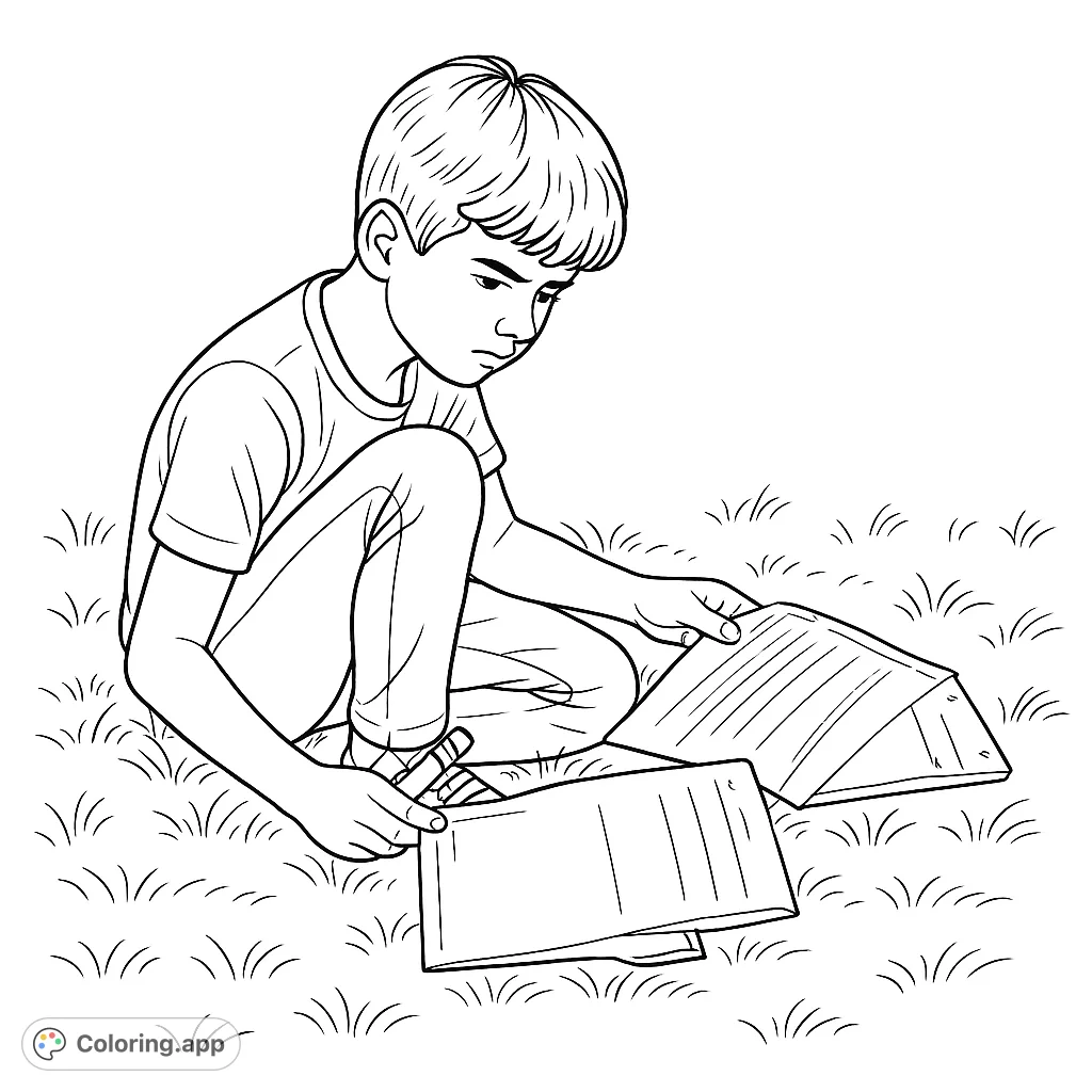 A focused boy sits on the grass, engrossed in his papers with a pencil in hand. A perfect free printable learning coloring page for kids and students.
