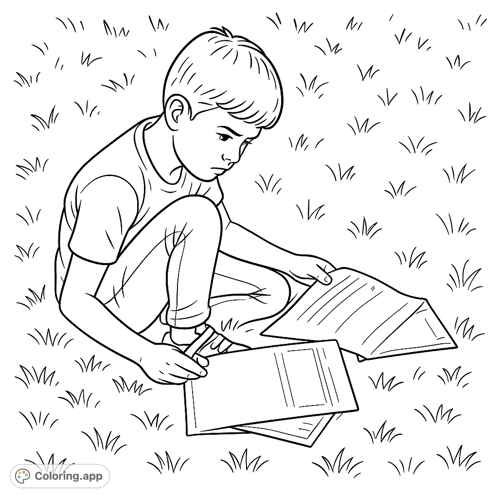 A focused boy sits on the grass, engrossed in his studies with papers and a pencil. This free printable coloring page captures a moment of quiet concentration.