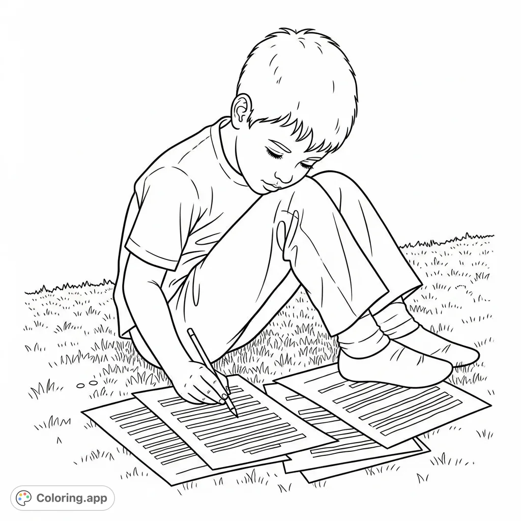 A young boy sits on textured ground, intently focused on papers with text, holding a pencil. An outdoor scene perfect for a free printable coloring page.