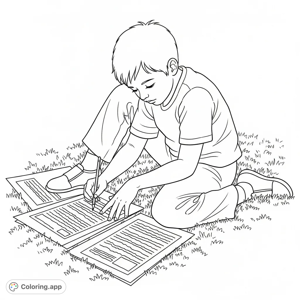 A young boy sits on textured ground, intently focused on papers with text, holding a pencil. An outdoor scene perfect for a free printable coloring page.