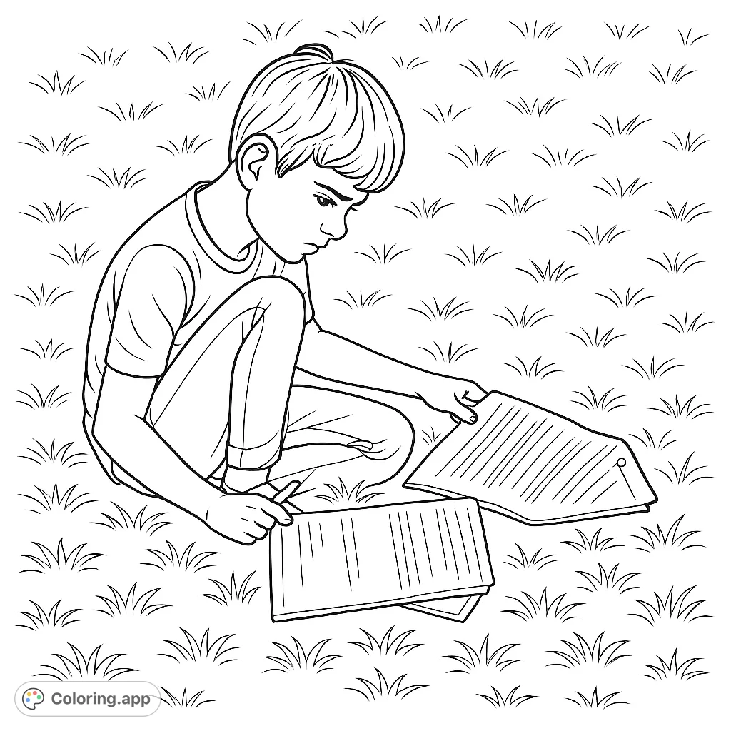 A focused boy studies outdoors, surrounded by grass and open books. This free printable coloring page is perfect for kids and adults who enjoy quiet, contemplative scenes.