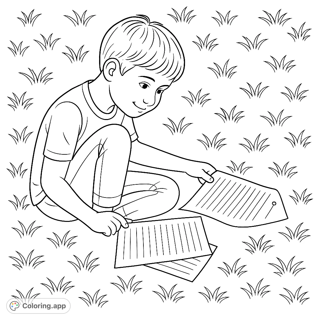 A focused boy crouches on grassy ground, engrossed in papers and a writing instrument. Perfect for young learners and outdoor study themes.
