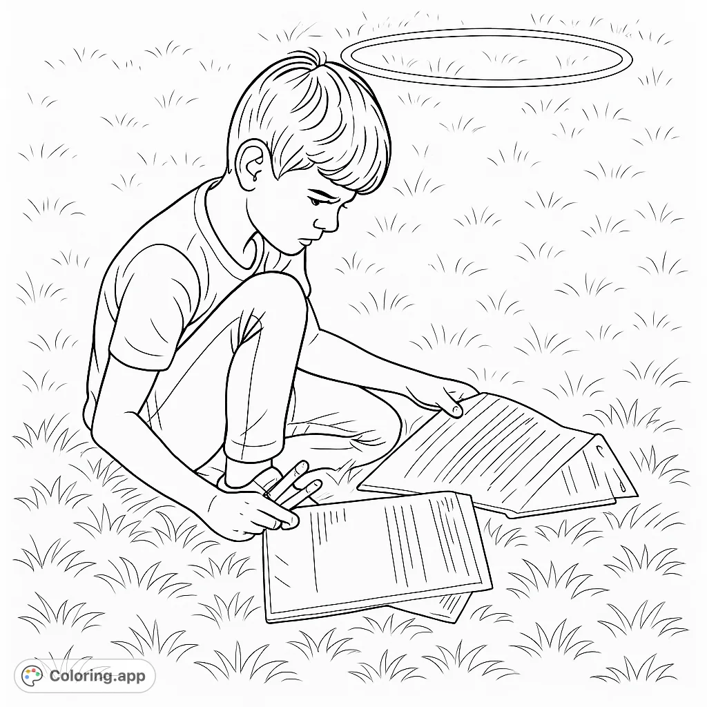 A focused boy sits on grass, engrossed in papers and a pencil. This outdoor learning scene offers a calming and engaging coloring experience.