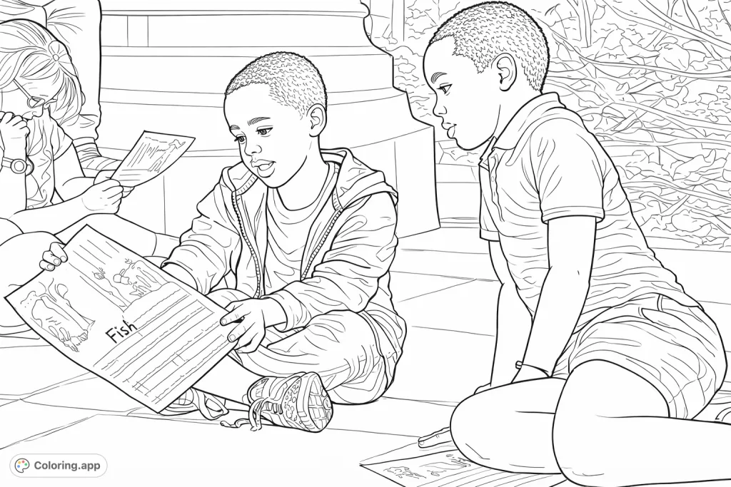 Two children seated outdoors, engaged in reading a document, embodying curiosity and companionship in a learning moment.