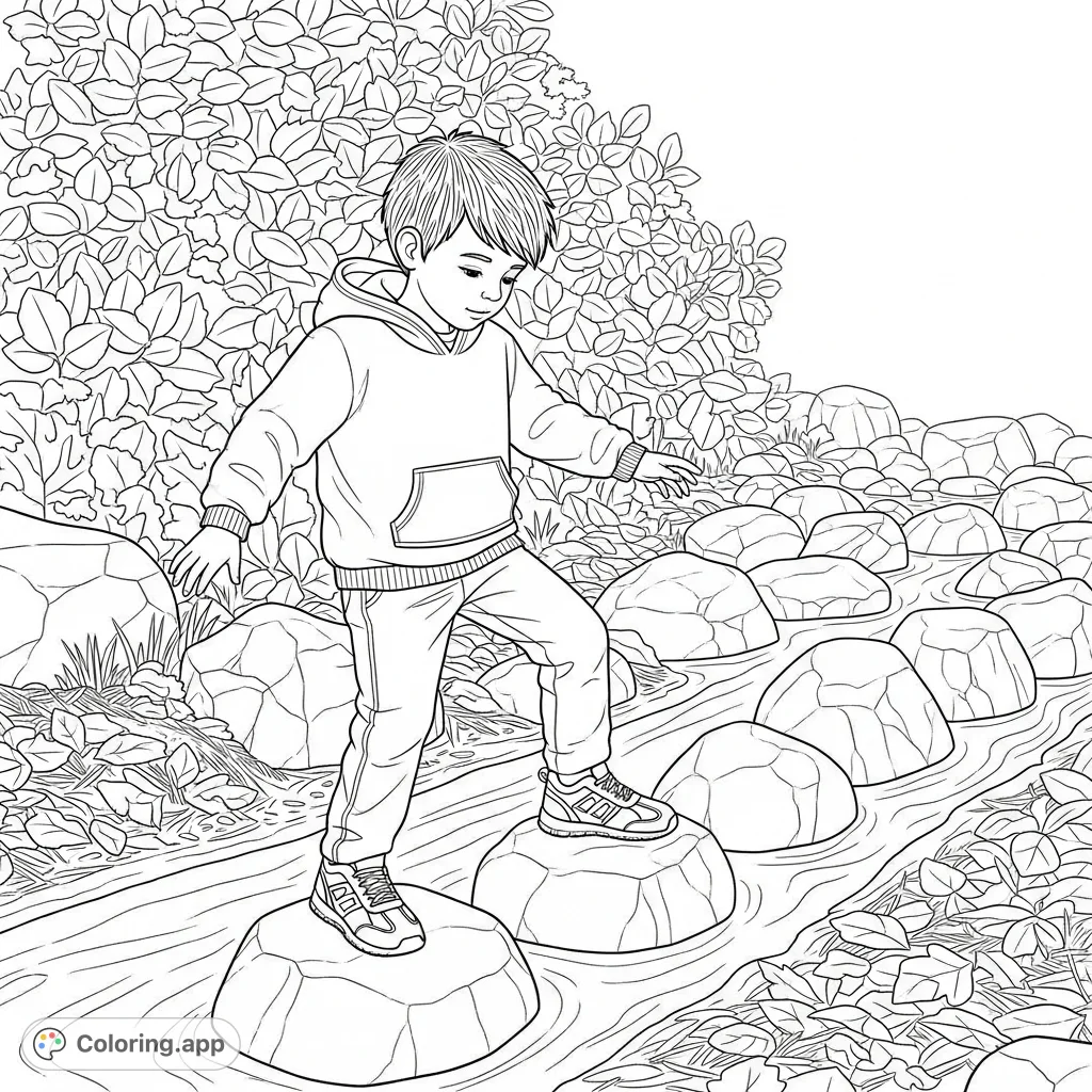 A young boy carefully steps over rocks in a stream, surrounded by detailed foliage and natural textures. A perfect nature adventure coloring page.