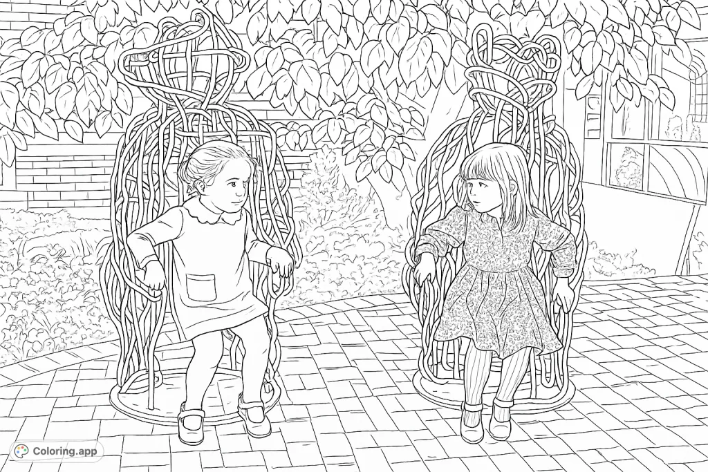 Two children interact with unique bear sculptures in a lush garden setting. A delightful and detailed scene perfect for creative coloring and artistic expression.