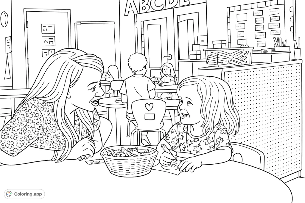 Engage in a delightful classroom scene featuring an adult and child coloring together, surrounded by learning activities and art supplies.