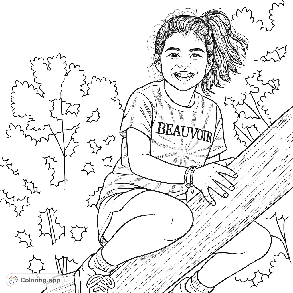 A cheerful girl perched on a tree branch, wearing a 'BEAUVOIR' shirt. This free printable coloring page captures a moment of outdoor joy, perfect for kids and adults.