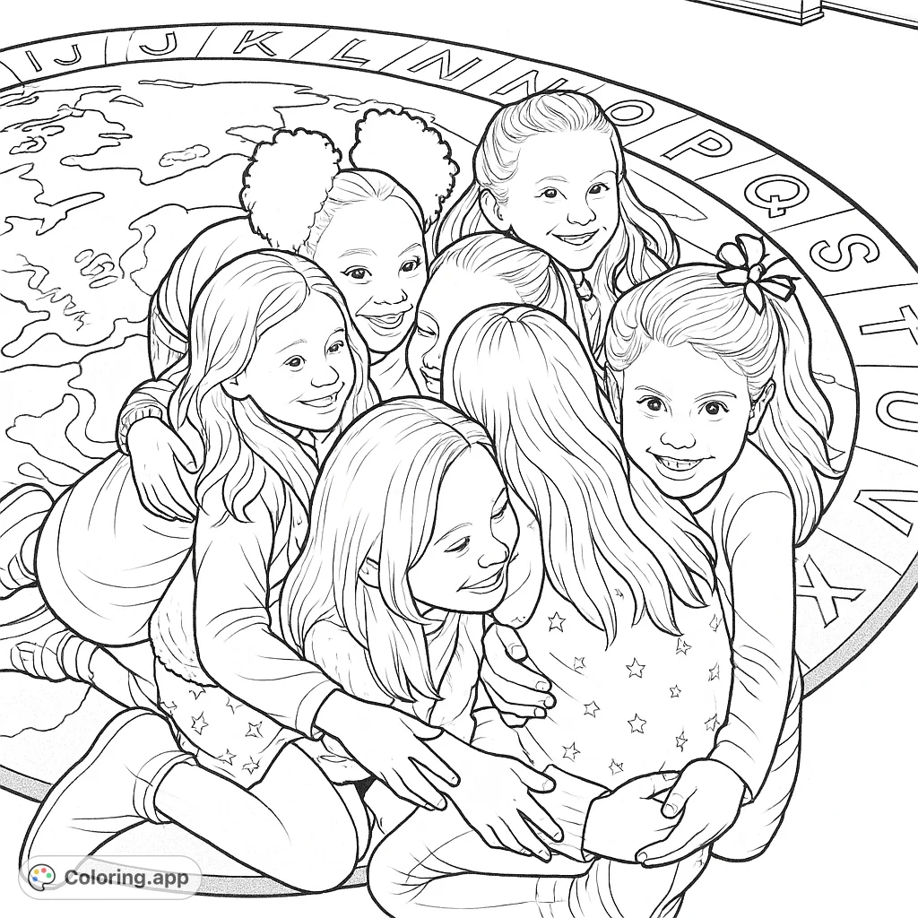 A heartwarming coloring page featuring a group of happy girls hugging on a world map rug, celebrating friendship and global connection.