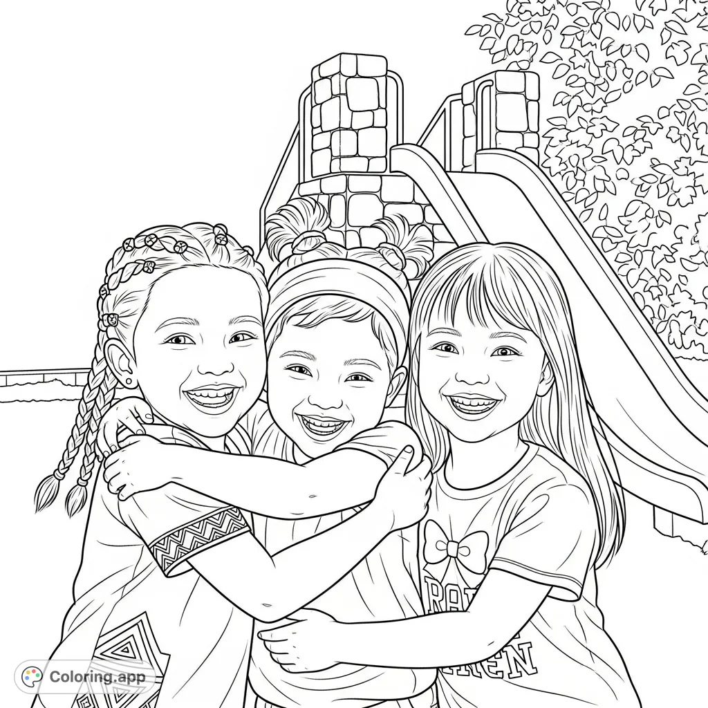 A heartwarming scene of three children in a joyful embrace, featuring detailed hairstyles, patterned clothing, and a playground background. Perfect for young artists.