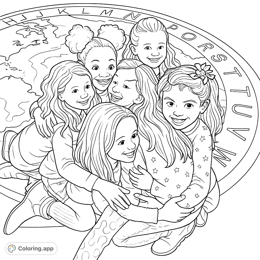 A heartwarming group of diverse friends sharing a joyful hug on a world map rug. Celebrate friendship and togetherness with this delightful coloring page.