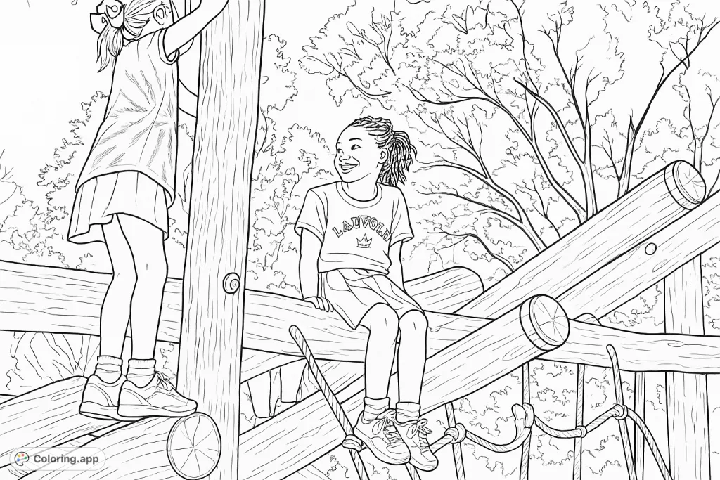 Capture the joy of childhood with this playground scene. Two girls explore a rustic wooden structure, perfect for imaginative coloring adventures.