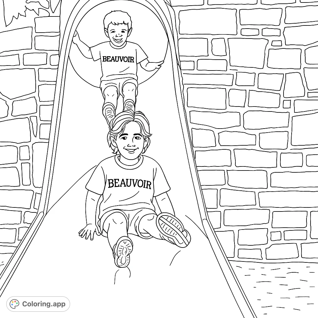 Capture the joy of childhood with this playground slide coloring page. Two happy children enjoy a thrilling ride down a wide slide, set against a textured stone wall.