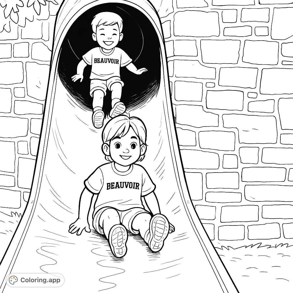 Capture the joy of childhood with this playground slide coloring page. Two cute kids enjoy a thrilling ride, perfect for imaginative play and creative expression.