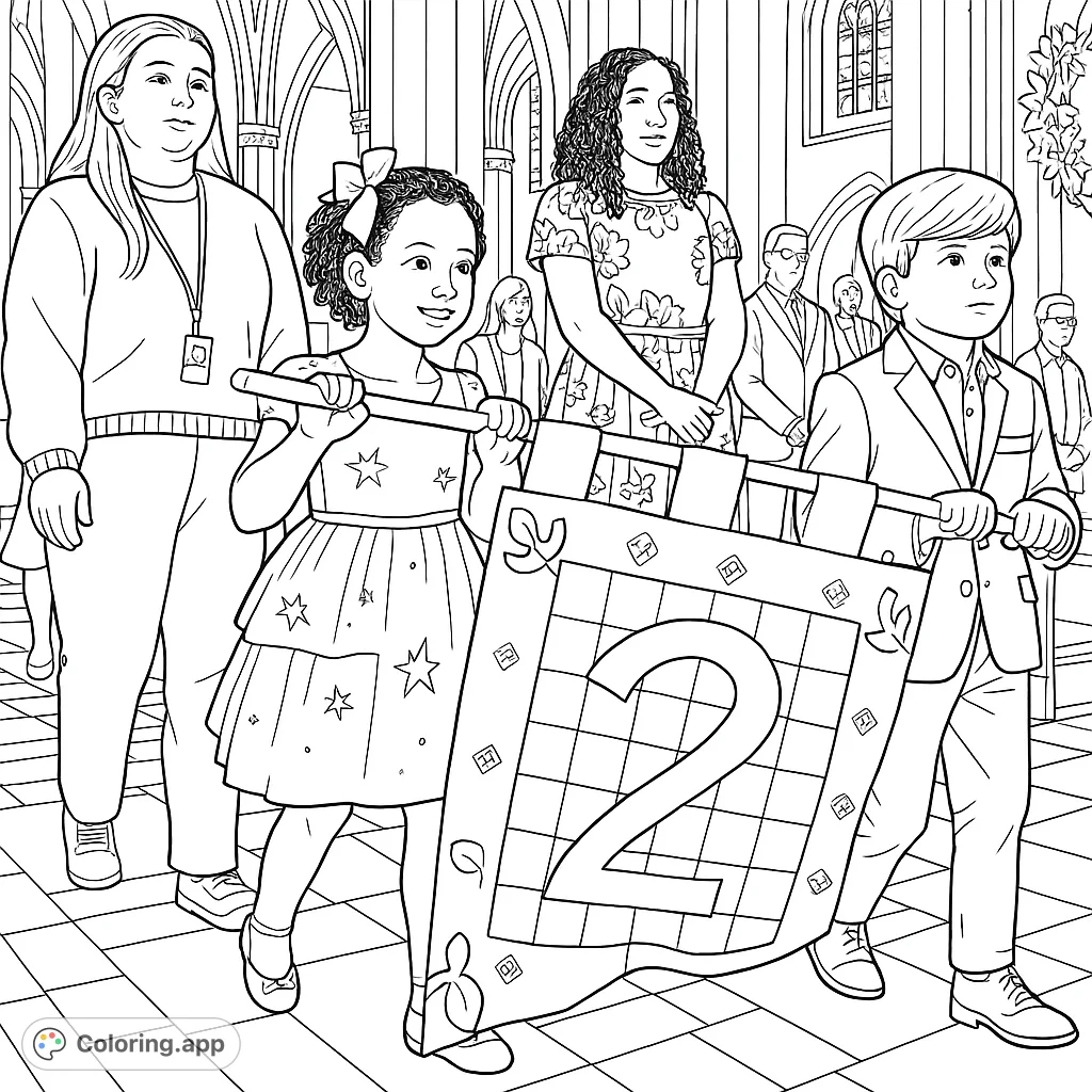 A heartwarming scene of children carrying a decorative banner in a grand hall, surrounded by architectural details. Perfect for a festive coloring page.