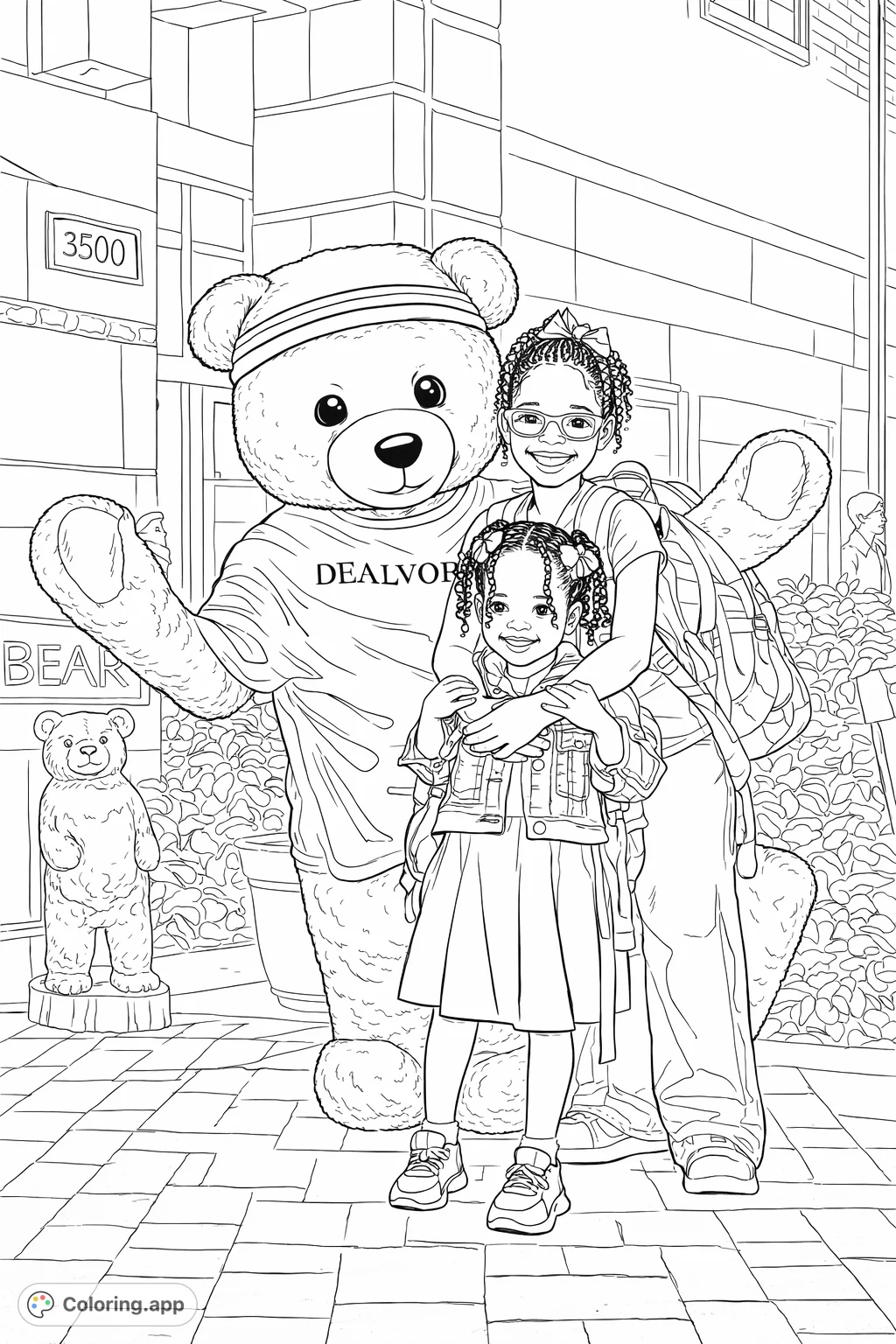 A heartwarming school mascot coloring page featuring a large teddy bear and two joyful girls, perfect for celebrating friendship and school spirit. Free printable activity.