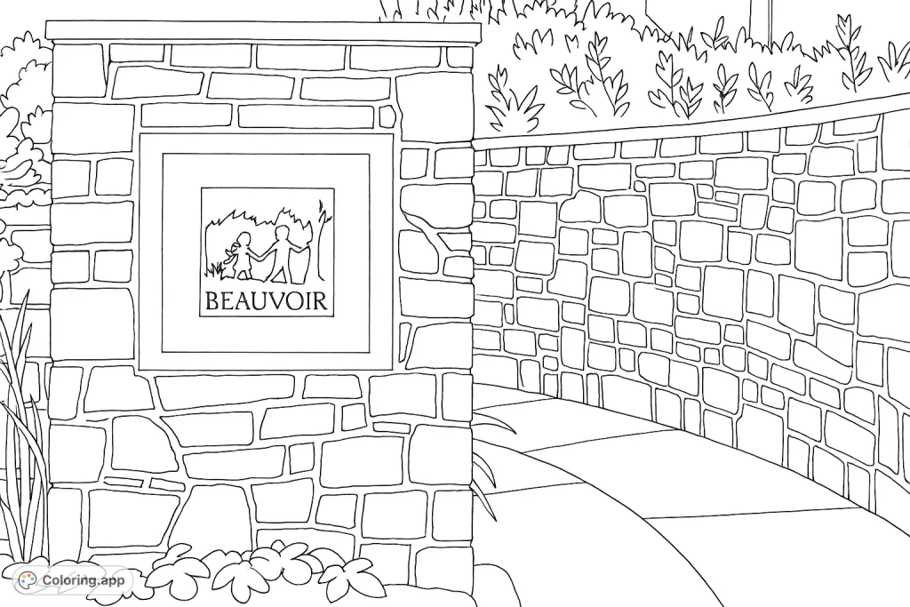 Discover a charming stone pillar featuring a silhouette of children walking towards a tree, set against a textured stone wall and lush foliage. A delightful scene to color.