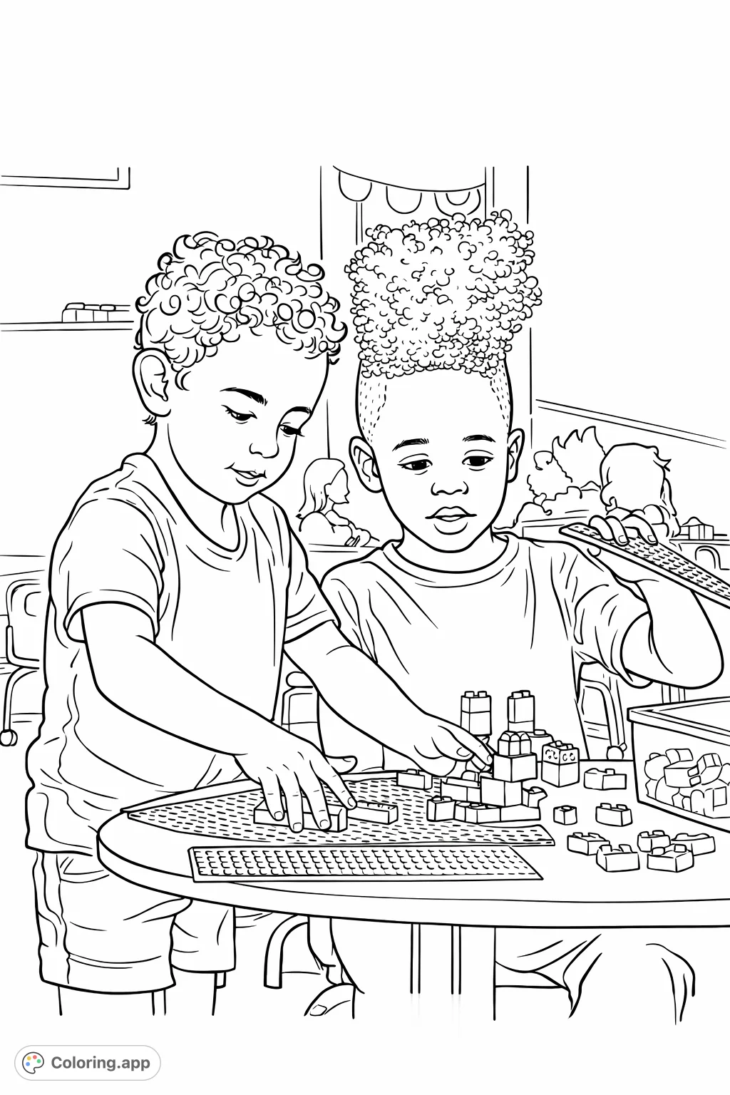 Two cheerful children collaborate on a creative building block project. This kids building blocks coloring page offers engaging fun, inspiring imagination and fine motor skills.