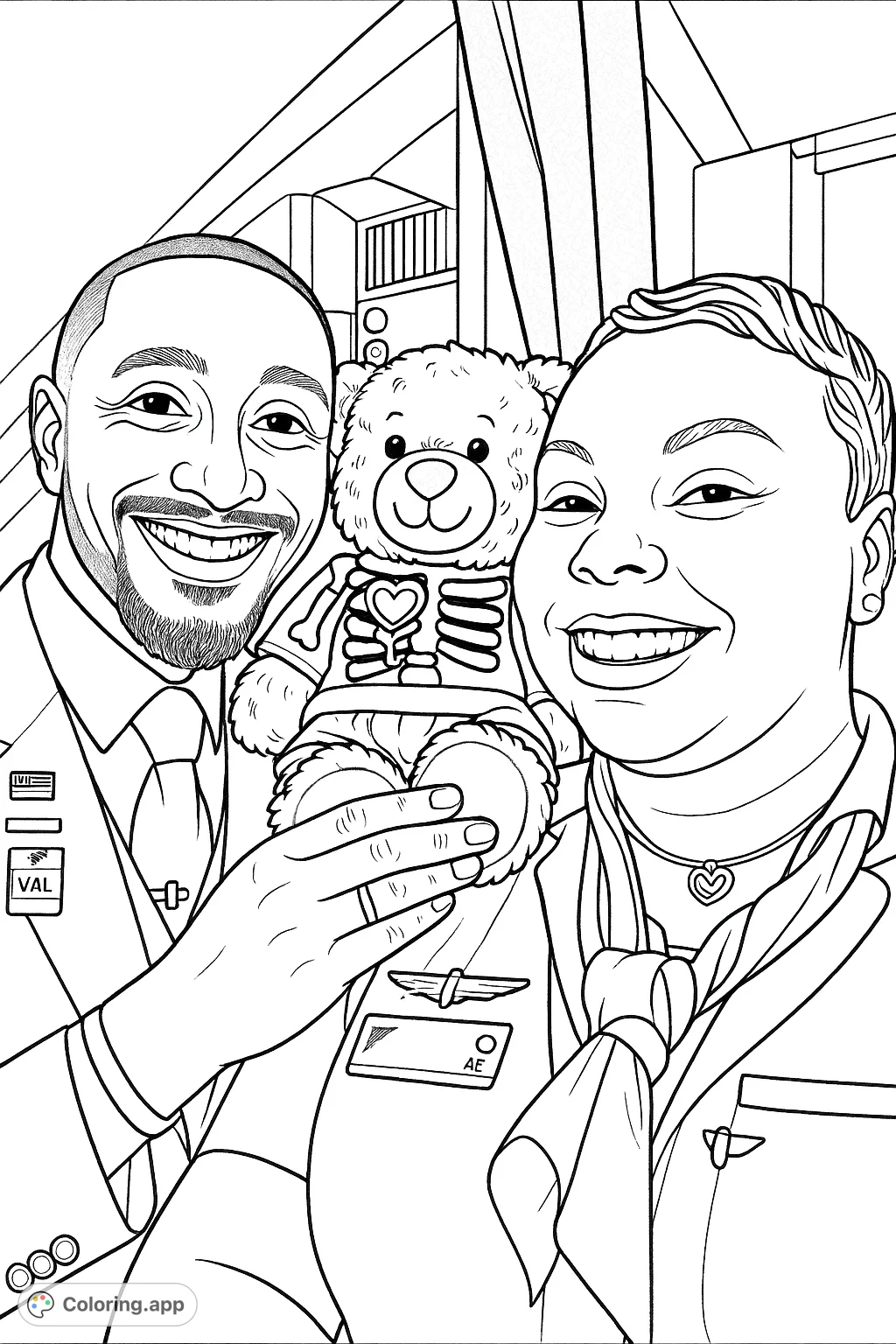 A heartwarming coloring page featuring two airline crew members and their adorable teddy bear companion in a skeleton outfit. Perfect for travel enthusiasts.