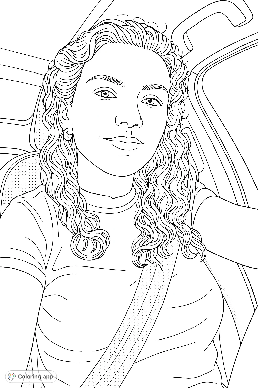 Capture a moment of calm with this portrait of a person in a car. Features flowing curly hair, a gentle expression, and subtle vehicle details for a relaxing coloring experience.