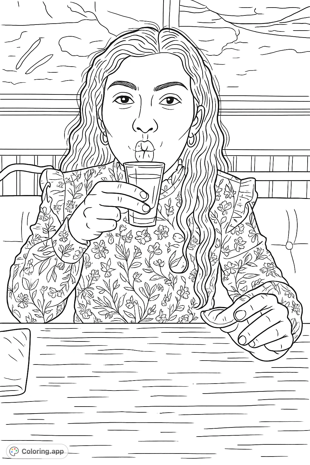 Capture the expressive moment of a woman with a shot glass and lime. Features a detailed floral blouse and rustic setting, perfect for adult colorists.