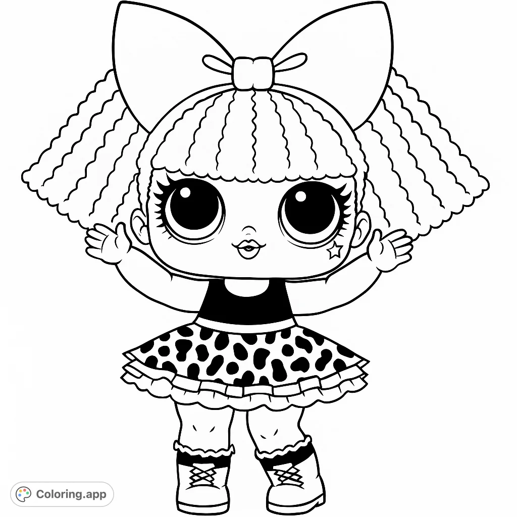 A charming fashion doll with a large bow, curly hair, and a stylish patterned dress, ready for a creative coloring adventure.