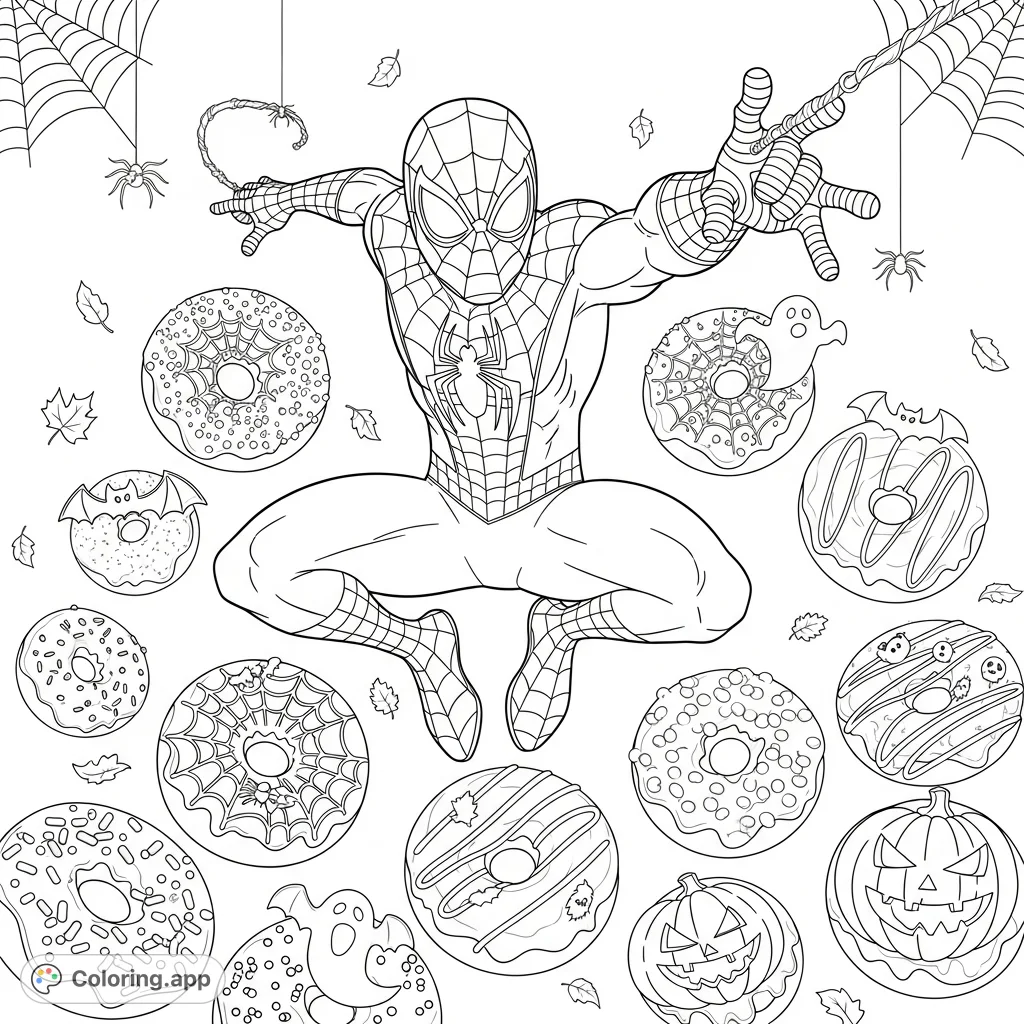 Join Spider-Man for a Halloween treat! This fun coloring page features the web-slinger surrounded by an assortment of spooky, decorated donuts, perfect for festive coloring.