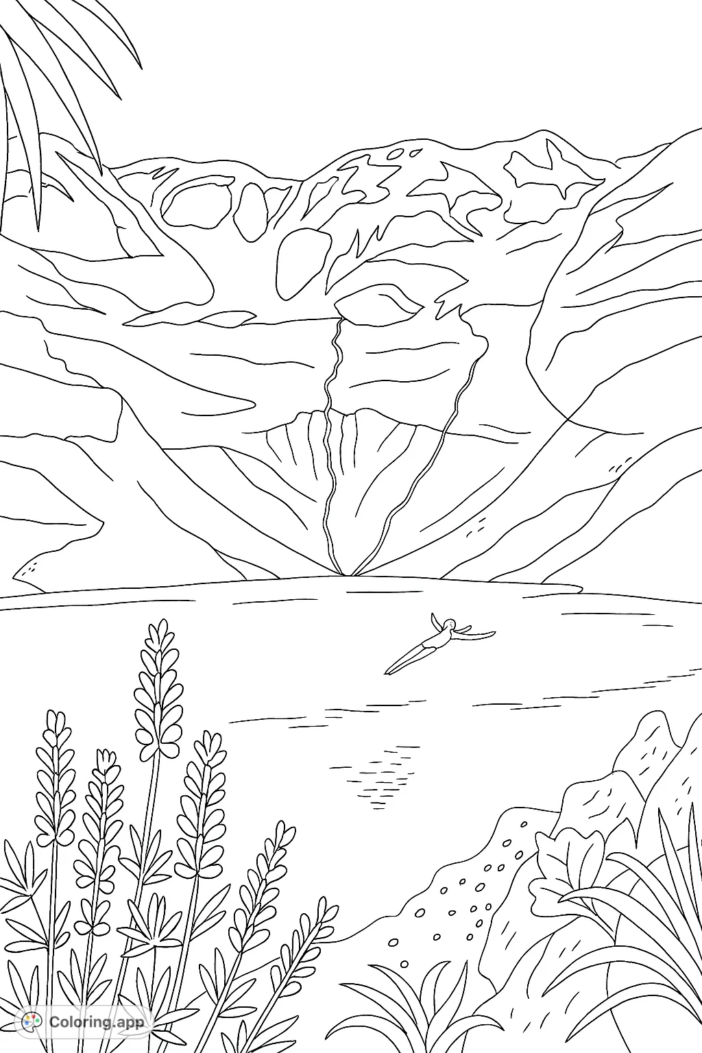 A peaceful mountain lake scene with a person floating, surrounded by majestic peaks and vibrant flora. A perfect nature escape.