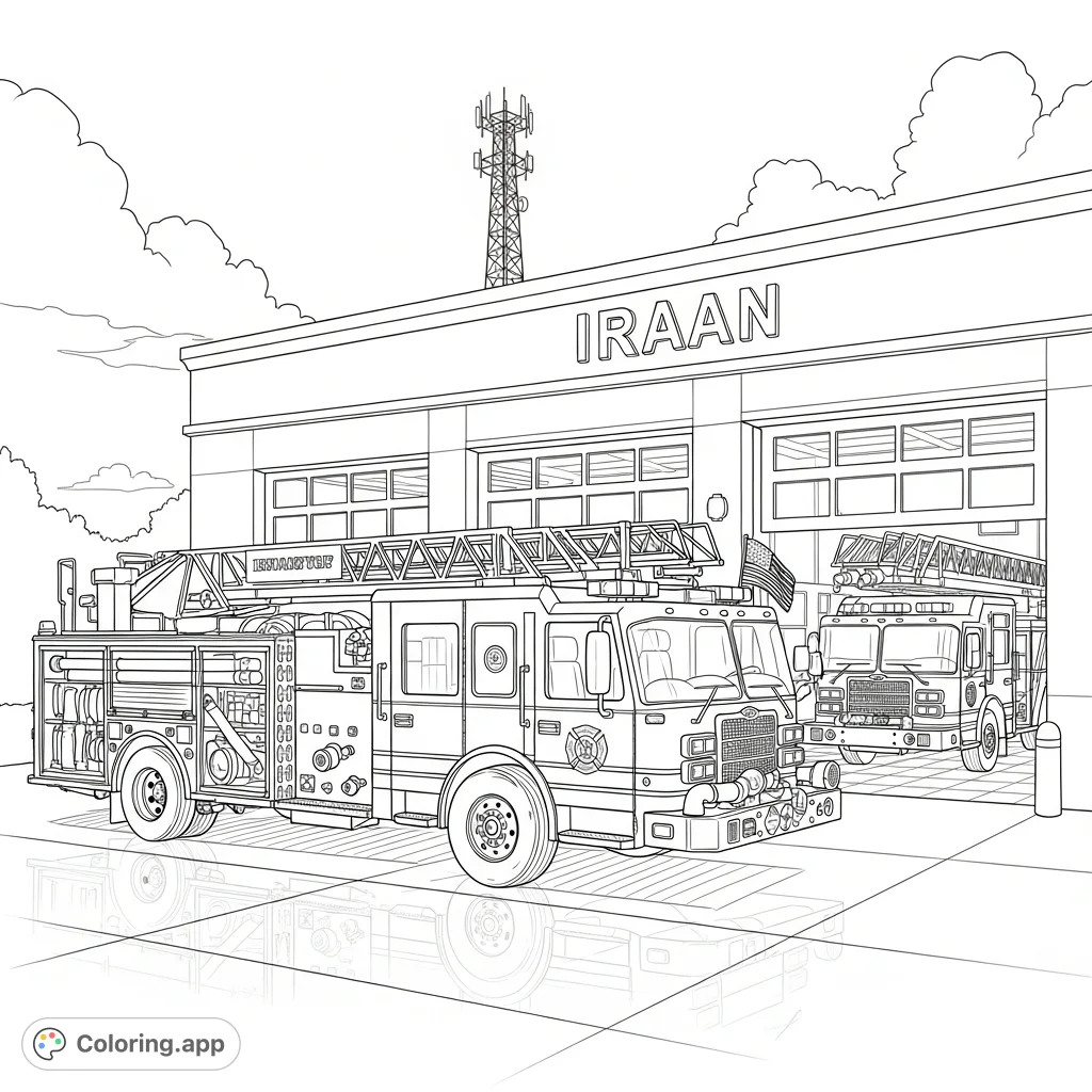 Fire Station To Color Community Fire Station with Trucks - Coloring.app