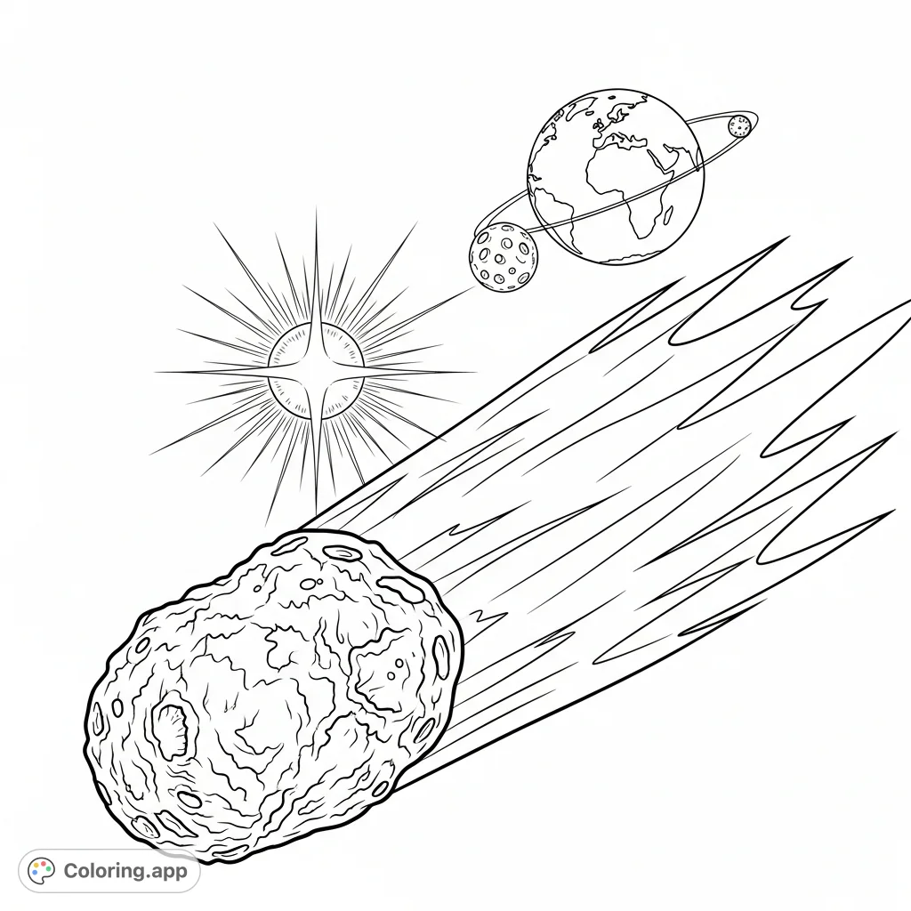 Explore the vastness of space with this cosmic coloring page featuring a majestic comet, a brilliant sun, and our home planet Earth with its moon in the distance.