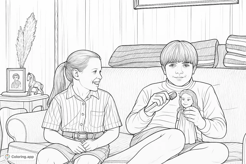 A heartwarming scene of two girls on a couch, one playing with a doll, surrounded by cozy home details. Perfect for a nostalgic coloring experience.