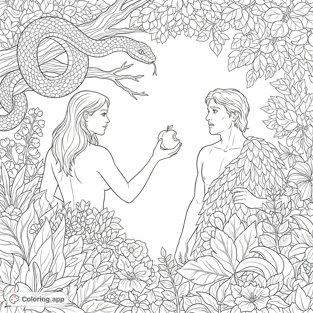 Depicts the biblical fall with Eve offering a bitten peach to a concerned Adam, while a serpent observes. Lush foliage surrounds them in this profound Genesis scene.