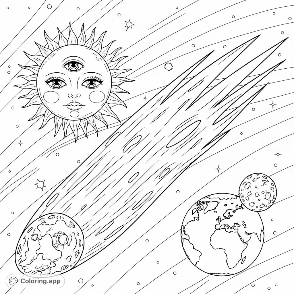 Embark on a creative adventure with this space coloring page, featuring a magnificent comet, a three-eyed sun, and Earth with its orbiting moon.