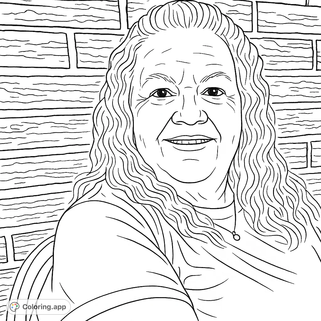 Capture the warmth of a smiling woman with flowing hair against a textured brick wall. A delightful portrait coloring page for creative expression.